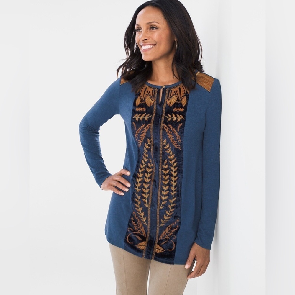 ZENERGY by Chico’s  PIECED VELVET TUNIC 3/4 SLV TOP CAYMAN Size 0 (4/6-S) NWT